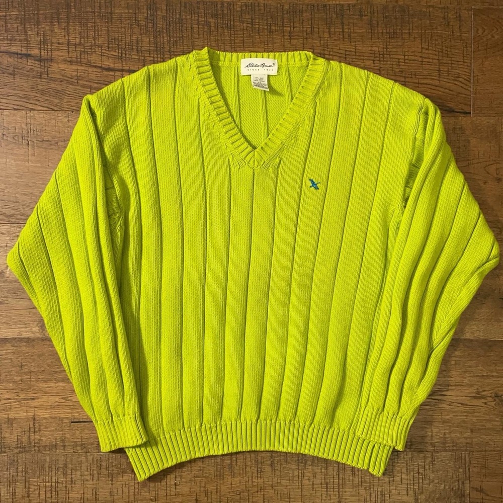 Eddie Bauer V Neck Sweater Mens L Lime Green Preppy Ribbed Knit Vintage Logo